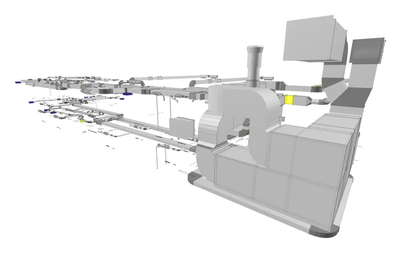 Lüftungsgerät mit Kanalnetz im 3D-Modell